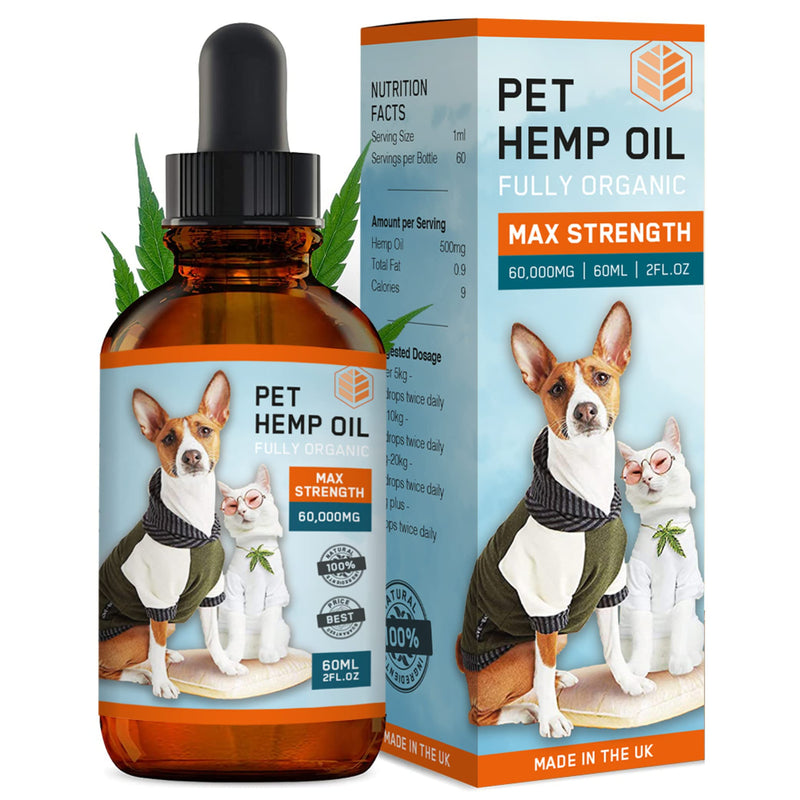AMZ Evergreen® Hemp Oil for Dogs | MAX STRENGTH 60000MG 60ml | Made in the UK | Stress & Anxiety Relief Supplement for Dogs, Cats, Pets | Natural Organic Joint Support, Soothes Arthritis, Pain Relief - PawsPlanet Australia