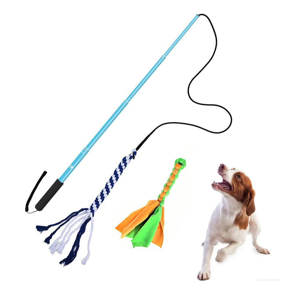 Fiacvrs Flirt Pole Rope Tug Dog Toy Retractable Dog Toy Stick with 2 Tease Chew Toys ，for Pulling, Chasing, Chewing, Training(Blue，S) S Blue - PawsPlanet Australia