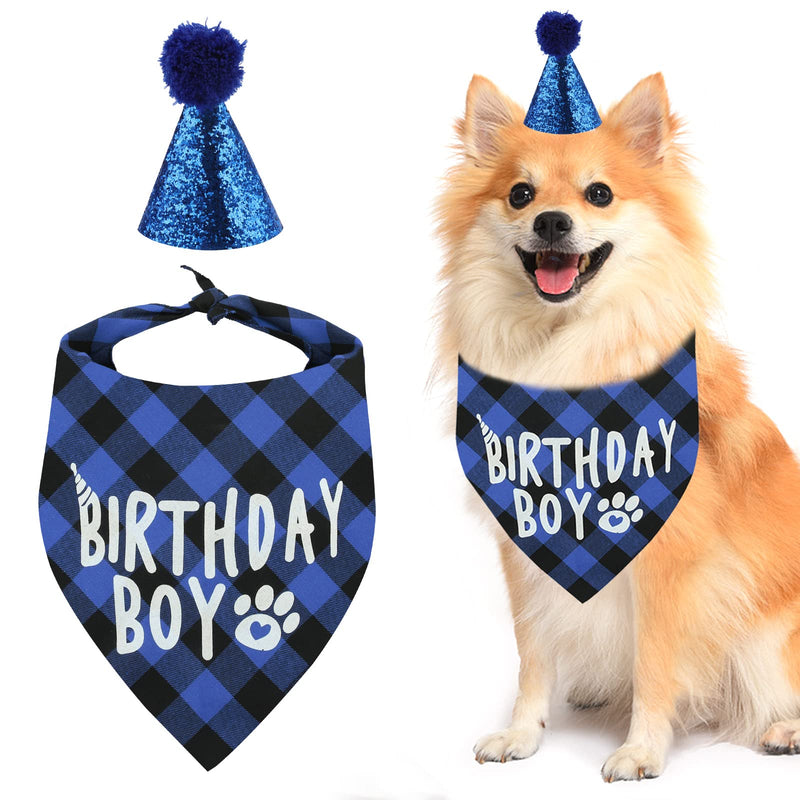 Pets Birthday Party Supplies,Dog Birthday Bandana, Cute Triangle Cotton Dog Scarf with Dog Birthday Party Hat Boy Happy Birthday Banner Set Gift and Party Puppy Doggie Decoration (Blue) Blue - PawsPlanet Australia