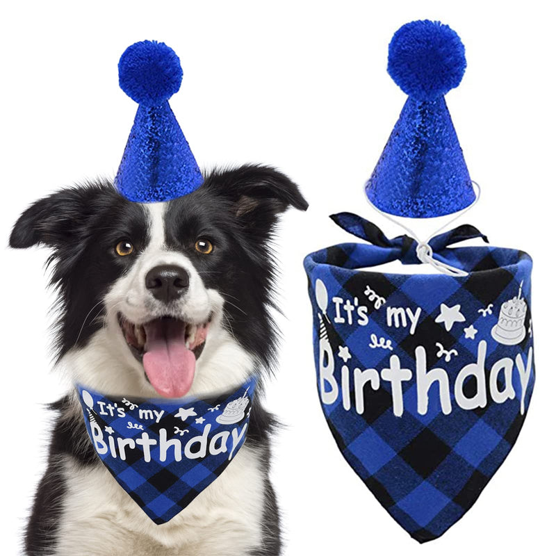 HACRAHO Dog Boy Birthday Supplies, 2 PCS Pet Birthday Plaid Bandana with Sequin Hat It’s My Birthday Dog Bandana Scarf and Adjustable Hat Pet Boy Birthday Party Supplies for Dogs Cats, Blue - PawsPlanet Australia