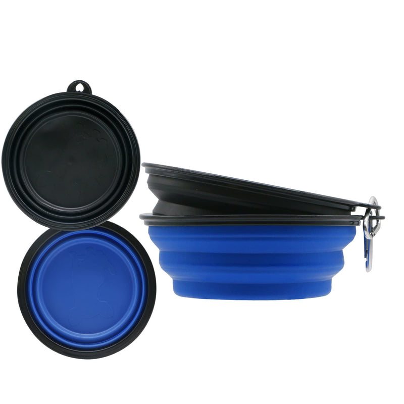 Sunlotus 2 Pack 650ml Collapsible Dog Bowl Portable Feeder for Dog Pet Food Water Bowl for Dog and Cat Extendable Pet Feeding Silicone Bowl with Hook (Blue+Black) 650 Millilitres Blue+Black - PawsPlanet Australia