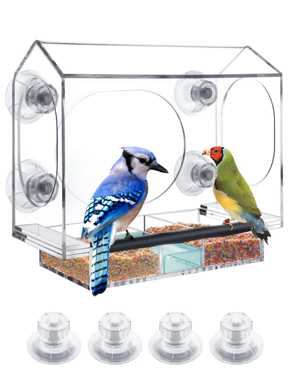 Acrylic Window Bird Feeder with 4 Strongest Screw Suction Cups, Equipped Magnetic Sliding Feeding Tray with Drain Holes, Including Water Compartment and Rubber Bird Perch, Easy to Clean, Hollow Design House-Type - PawsPlanet Australia