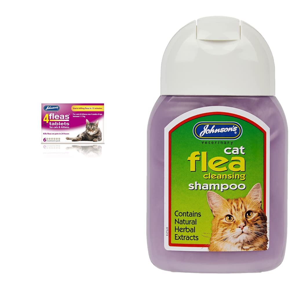 Johnsons 4Fleas Tablets for Cats and Kittens, 6 Treatment Pack & Cat Flea Cleansing Shampoo 125 ml + Cat Cleansing Shampoo - PawsPlanet Australia