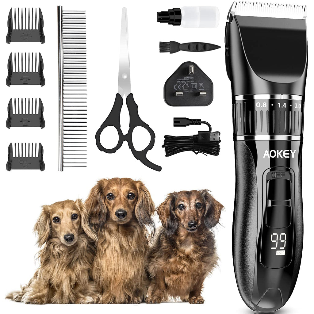 AOKEY Dog Clippers, Cordless Professional Dog Grooming Kit with Stainless Steel Comb and Scissors, Ultra-Quiet Dog Grooming Clippers Suitable for Cats, Dogs, Multiple Pets, Long Battery Life Black 1 - PawsPlanet Australia