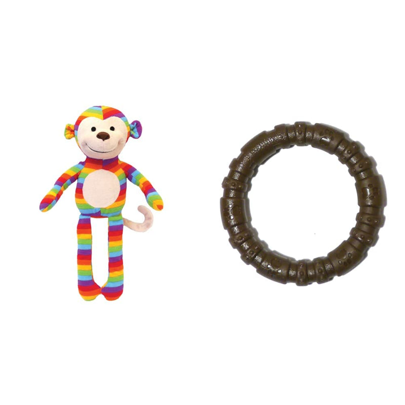 Rosewood Sonny Monkey Dog Toy & large tough and durable chew and teething ring shaped dog toy for all medium and large dogs made of tough nylon material, Chocolate flavoured and scented, brown + Ring shaped dog toy, Chocolate flavoured - PawsPlanet Australia