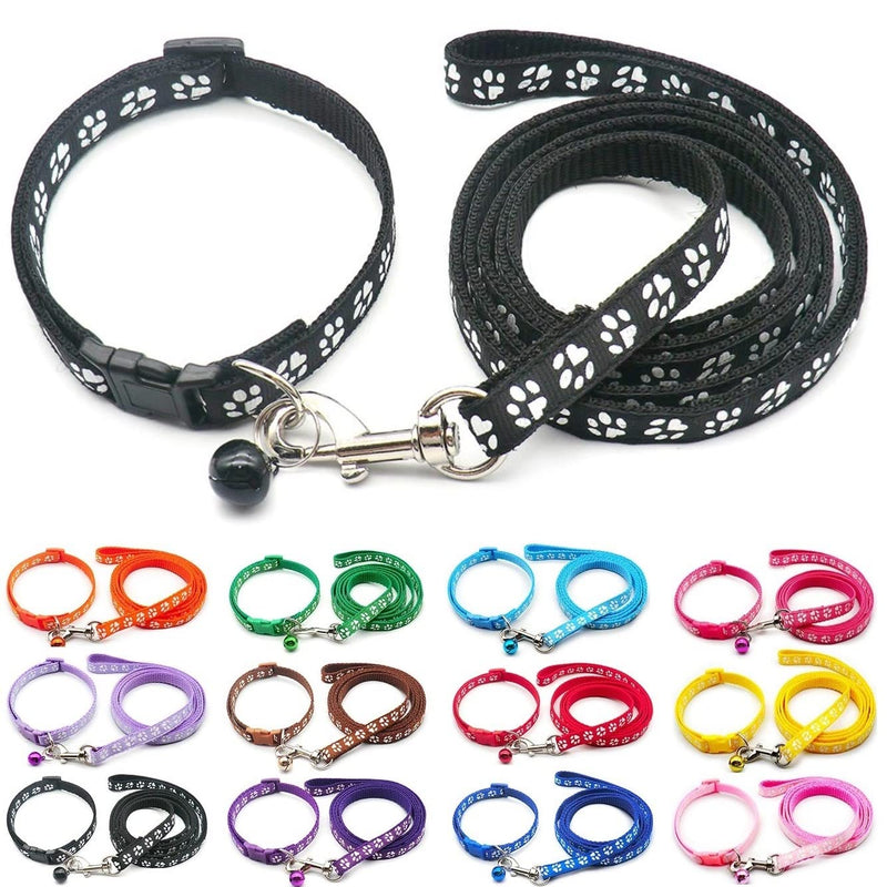 Doggie Style Store Small Dog Puppy Pet Cat Kitten Collar and Lead Set Pawprint Colours Nylon with Bell Adjustable Quick Release Clip Buckle Leash Black - PawsPlanet Australia
