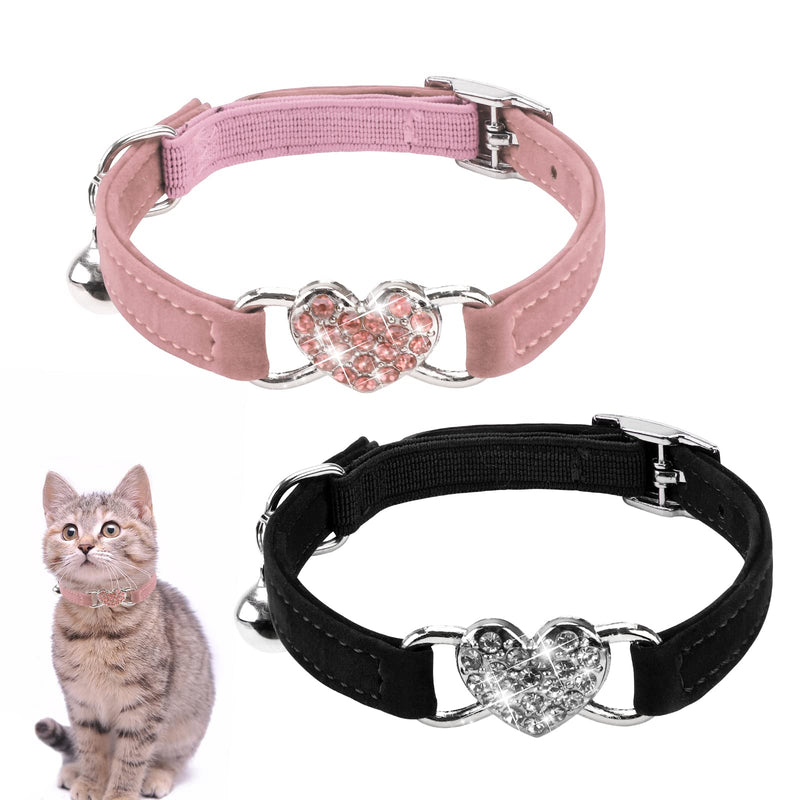 2 Pcs Kitten Collars with Bells,Safety Release Lovely Cat Collar,Safety Collar Adjustable Elastic Strap,Crystal Heart Pendant Cute Pet Supplies for Small Animal Indoor Outdoor 8-10 inch Black+Pink - PawsPlanet Australia