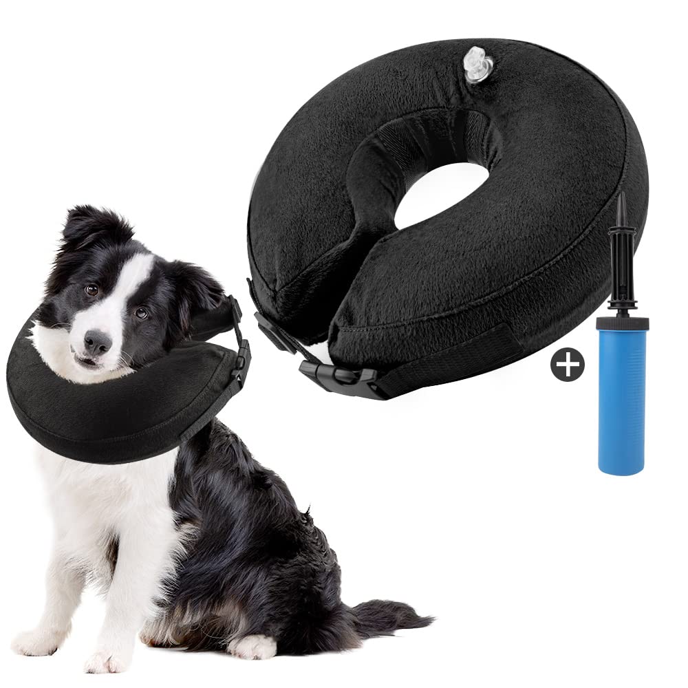 SlowTon Inflatable Dog Collar, Pet Soft Protective Neck Collar for Recovery after Surgery, Adjustable Washable Elizabethan Collar Cone for Dogs and Cats Prevent Pet from Licking Biting Wound Healing Black M - PawsPlanet Australia