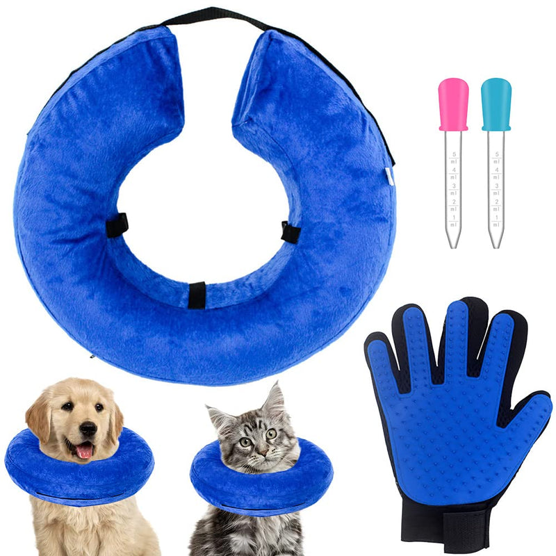 Inflatable Collar for Dogs and Cats Set - Dog Recovery Collar with Pet Grooming Glove & Silicone Pipettes Dropper, Adjustable Anti-Lick Dog Cone Collar after Surgery - M - PawsPlanet Australia