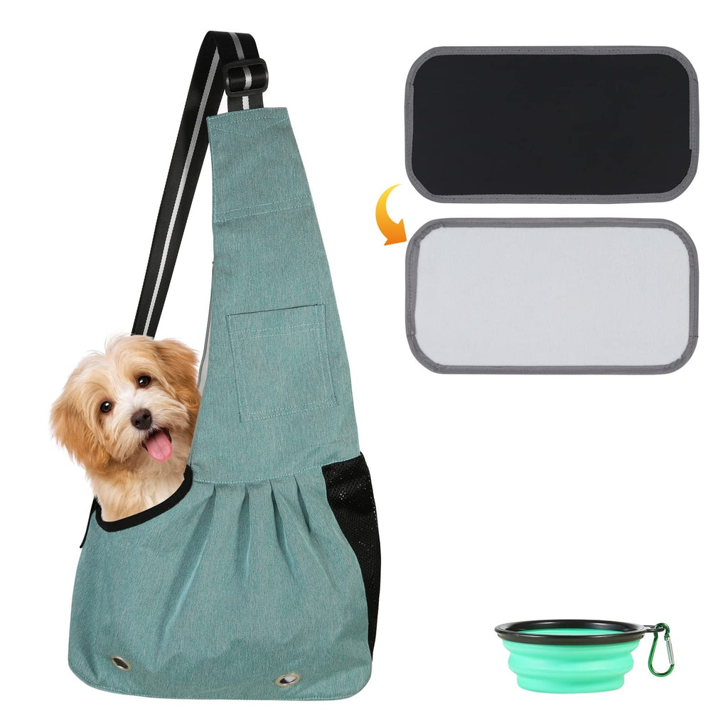 SLSON Pet Sling Bag Puppy Carrier Sling Hands-free Dog Cat Carrier Bag With Adjustable Shoulder Strap Suitable for Outdoor Walking, Comes with Collapsible Dog Bowl, Green - PawsPlanet Australia