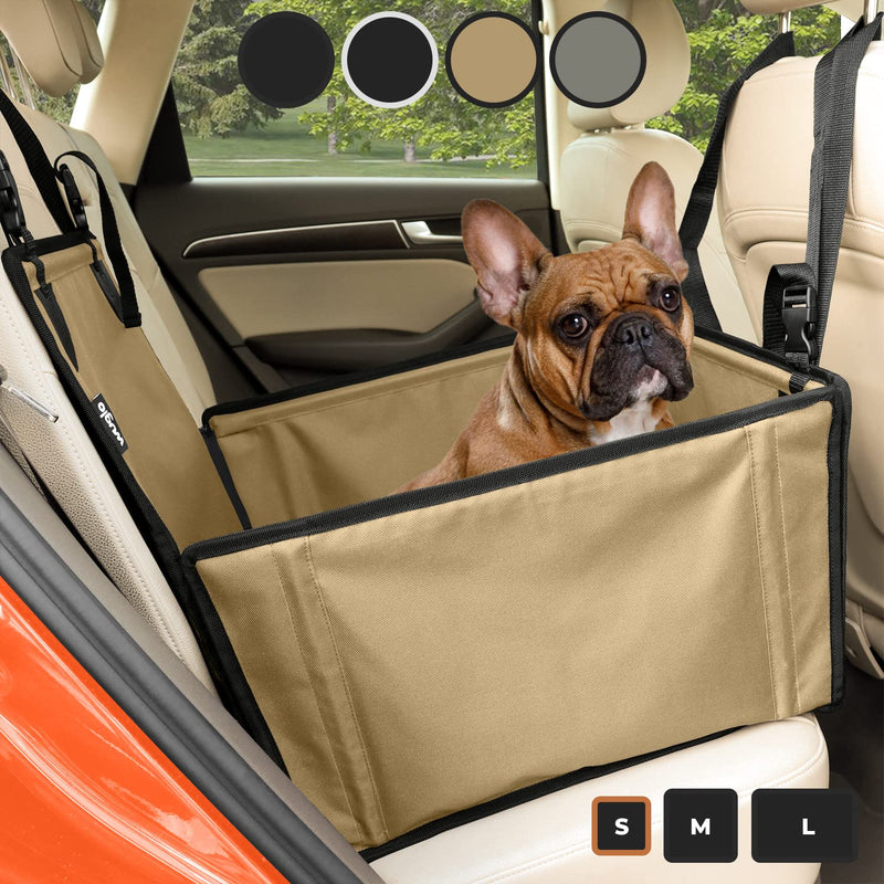 Wuglo Extra Stable Dog Car Seat - Reinforced Car Dog Seat for Medium-Sized Dogs with 4 Fastening Straps - Robust and Waterproof Pet Car Seat for the Back Seat of the Car (S Size, Beige/Black) S Beige / Black - PawsPlanet Australia