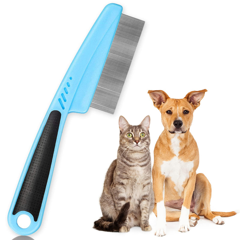 ExceLife Flea Comb for Dogs Cats, Rubber Handle Dog Hair Comb Stainless Steel Grooming Brushes for Removing Tear Stains, Fleas, Dandruff, Lice (Blue) Blue - PawsPlanet Australia