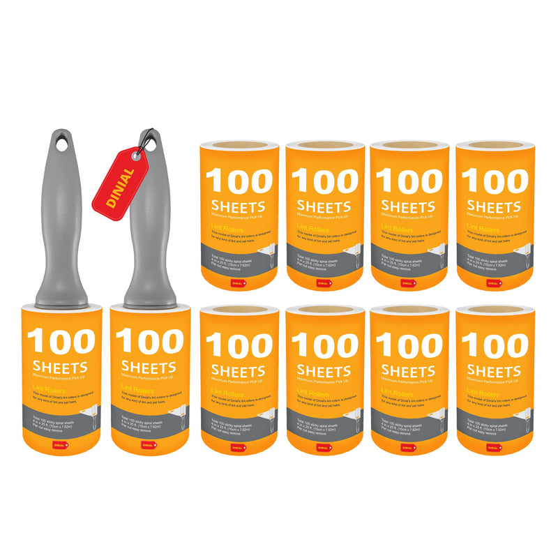 Dinial 2 Lint Roller Handles + 10 Refills (1000 SHEETS IN TOTAL) For All Purpose & Pet Hair - VALUE PACK, More Pickup Per Sheet., Grey - PawsPlanet Australia