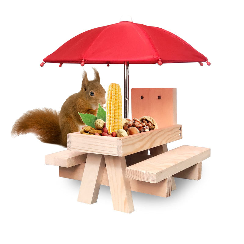 Squirrel Feeder, Wooden Squirrel Picnic Table with Umbrella and Corn Cob Holder, Outdoor Squirrel Care Bench Feeder for Garden - PawsPlanet Australia