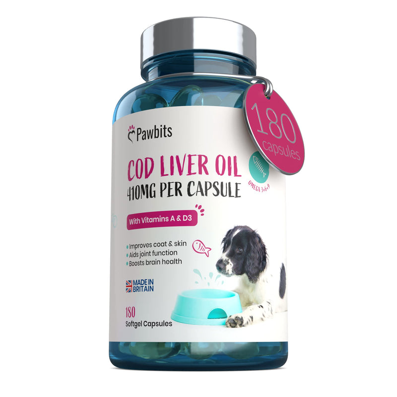 180 Cod Liver Oil Capsules for Dogs & Cats - (6 Months Supply) High Strength 410mg Gel Capsules to Support Joint, Skin and Coat Health - UK Manufactured - PawsPlanet Australia