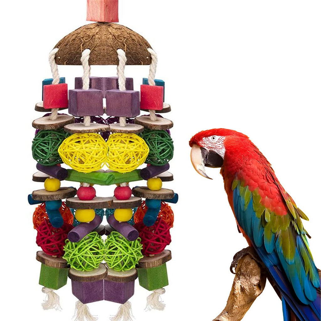 MQUPIN Large Bird Parrot Chewing Toy Strong Upgraded,Parakeet Cage Bite Toys 22 Inch Hanging Chewing Multicolored Natural Wooden Blocks Bird Chewing Toy for Large Parrot Birds African Grey Amazon… Larger-660g - PawsPlanet Australia