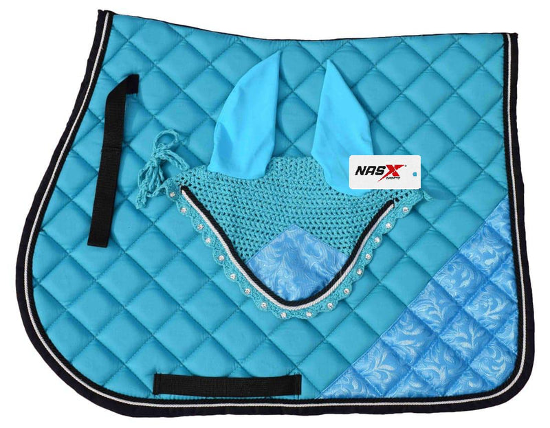 NASX Sports Luxury Saddle Pad with Matching Diamante Fly Veil Set Ear Bonnet Padded (FULL, BLUE) FULL - PawsPlanet Australia