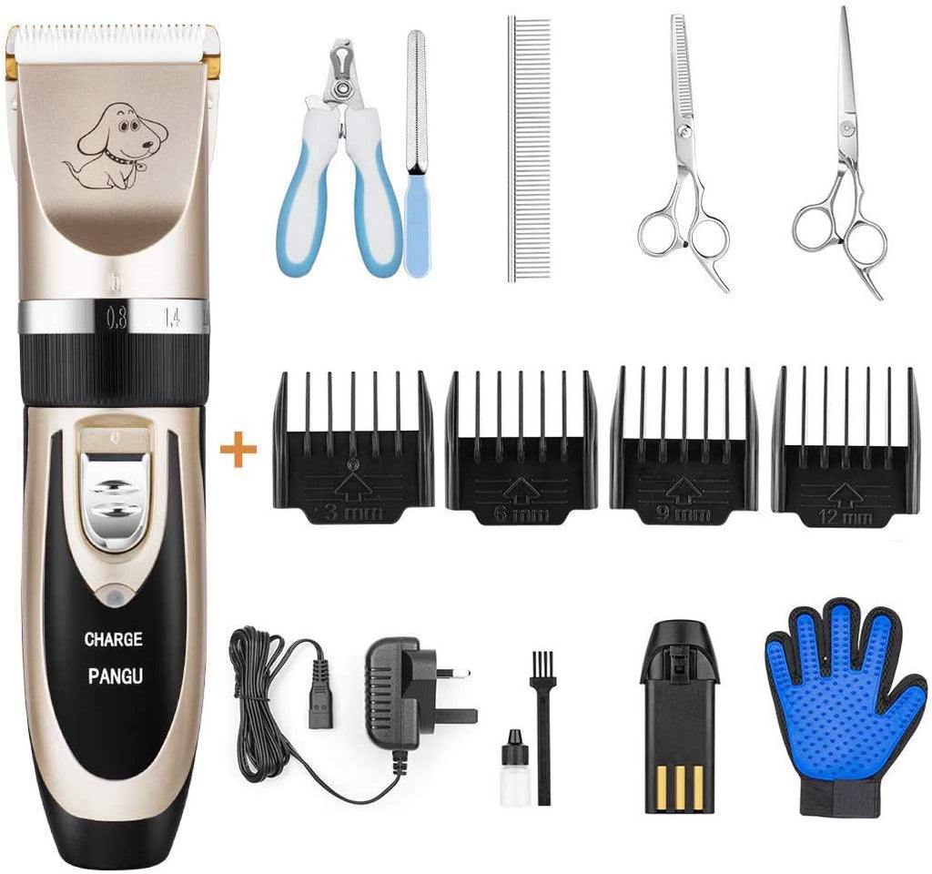 PANGU Dog Clippers Professional Pet Grooming Kit Low Noise, Rechargeable Pet Shaver Cordless Silent Dog Hair Trimmer with Scissors Comb Glove Best Hair Clipper for Dogs Cats Pets Silver - PawsPlanet Australia