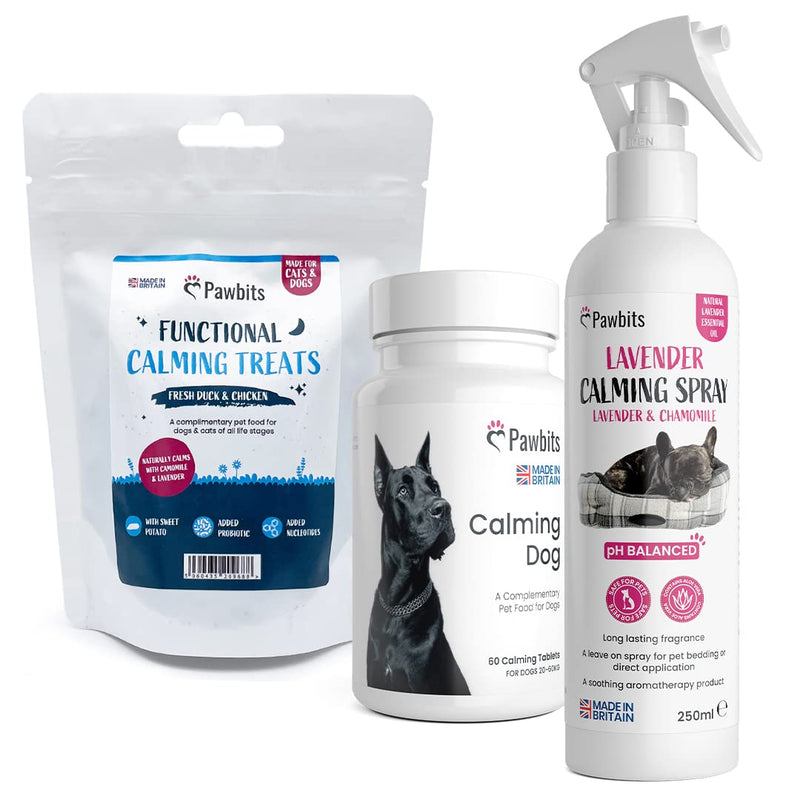 Dog Anxiety Pack | 3 Calming Products | for Stressed & Anxious Dogs | 60 Calming Dog Tablets | Lavender Calming Spray | Calming Dog Treats - Grain Free UK Made Training Treats - PawsPlanet Australia