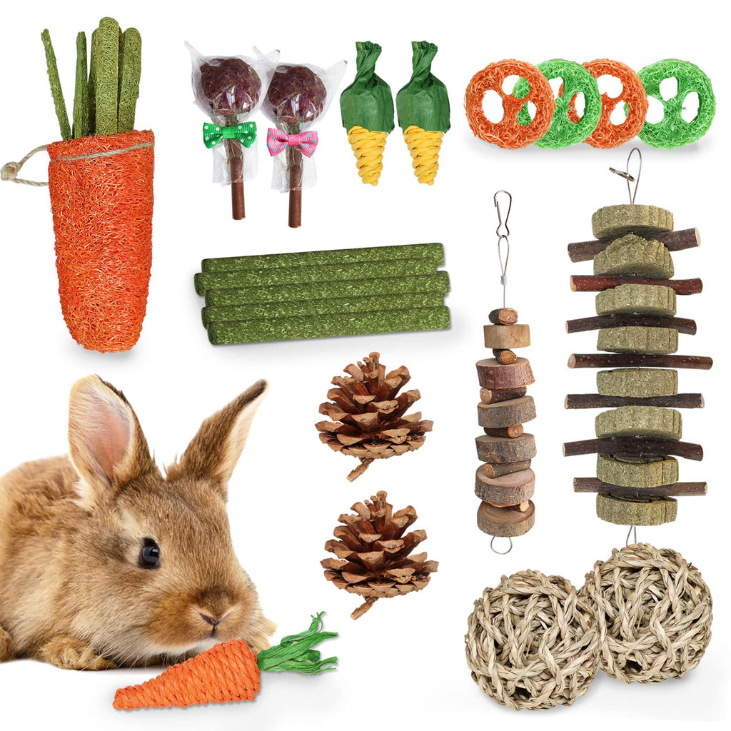 21 PCS Rabbit Toys, Bunny Hamster Chew Toy for Teeth Small Animal Boredom Breakers Natural Apple Wood Grass Ball String Loofah Carrot Treats Accessories for Chinchillas Guinea Pig Rat, Ferret BROWN - PawsPlanet Australia