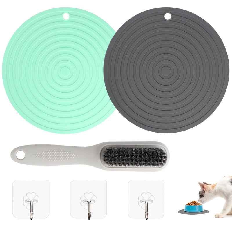 2 PCS Small Silicone Pet Bowl Mat Feeding Mat Small Non Slip Pet Mat Round with 3 PCS Hooks and 1 PCS Brush Reusable Easy to Clean Cat Dog Bowl Mat for Small Pet (9.5in, Grey, Light Green) - PawsPlanet Australia