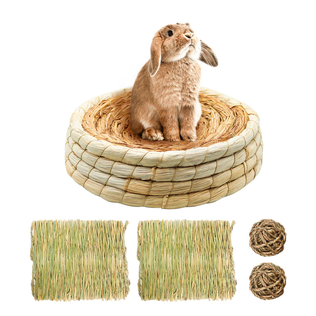 Rabbit Natural Grass Bed, Guinea Pig Woven Hay Nest Rabbit Toys Boredom Breaker Bunny Chew Toys with 2 Small Animals Play Balls and 2 Grass Mat for Guinea Pig Hamster Chinchilla Rabbit Degu (L) L - PawsPlanet Australia