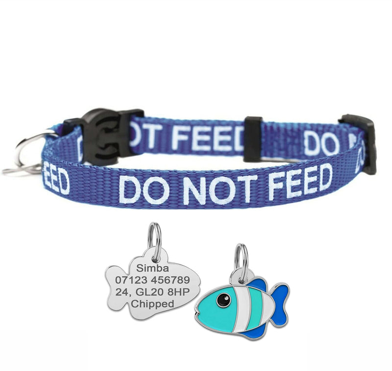 Do Not Feed Cat Collar with Personalised Engraved Fish Shaped ID Pet Tag (Blue) Blue - PawsPlanet Australia