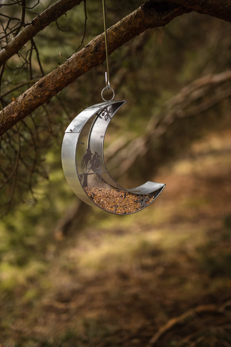 Garden Mile Silver Half Moon Hanging Bird Seed Nut Feeders Mounted Outdoor Garden Feeding Station Wild Birds Food Treat Feeder Weatherproof Metal Novelty Feeder - PawsPlanet Australia