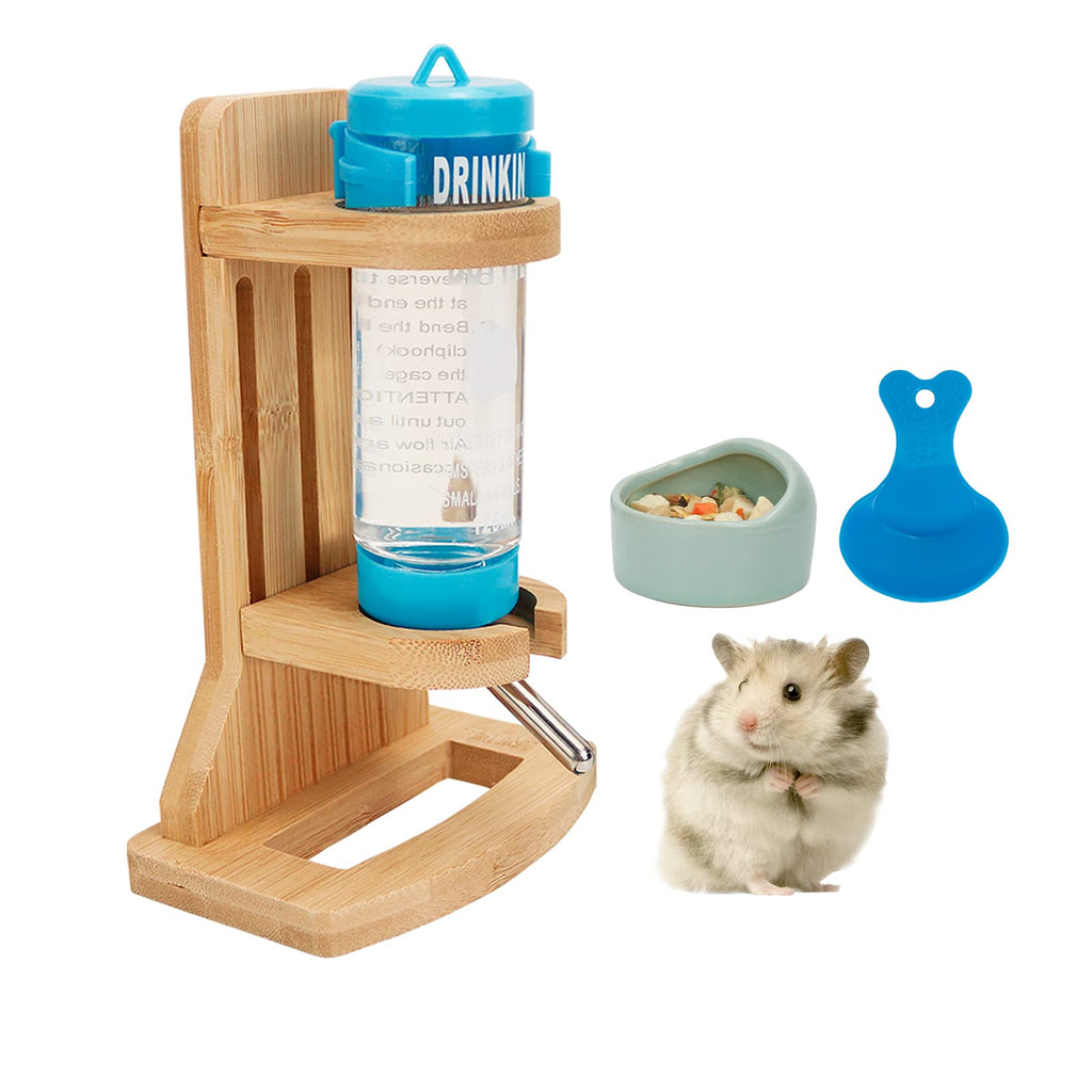 Hamster Water Bottle with Stand, Adjustable Wooden Small Animal Water Dispenser Stand Guinea Pig Water Bottle With Hamster Bowls and plastic spoon for Guinea Pig Rat Hamster Gerbil Chinchilla (125ML) 125ML - PawsPlanet Australia