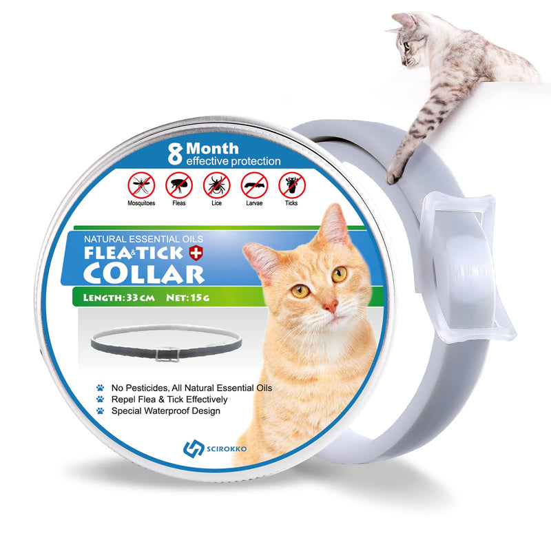 Cat Flea Collar - 8 Months Protection Tick Collar, Adjustable and Waterproof Natural Oil Flea Collar, Flea Treatment for Cats Puppies Grey - PawsPlanet Australia