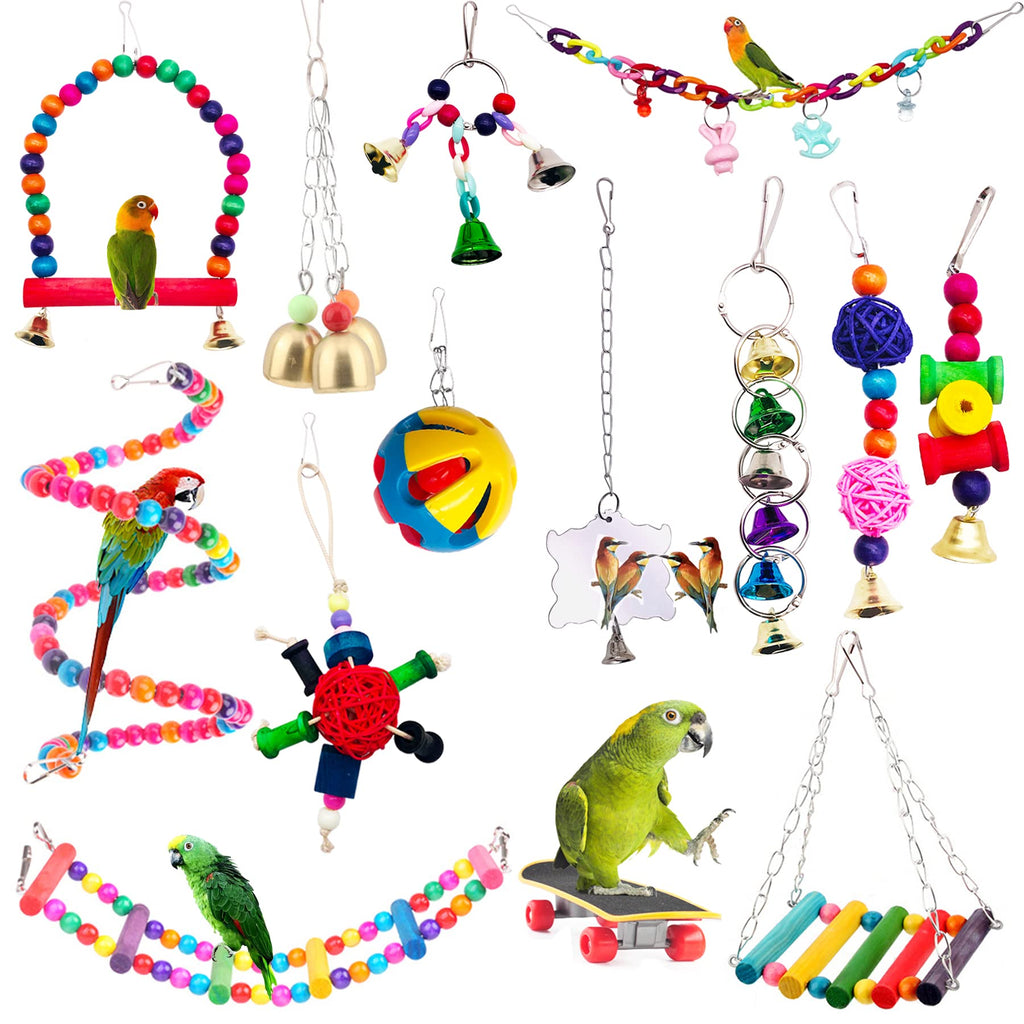 BIPY 14 PCS Bird Parrot Toys Cage Hanging Bell Ball Hammock Swing Ladder Toy Pet Bird Mirror Scooter Chewing Perches Wooden Toys for Parrots Parakeets Birds Finches Random Color - PawsPlanet Australia