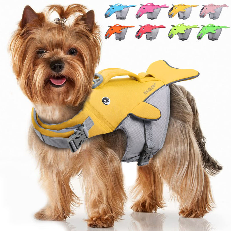 VIVAGLORY Whale-shape Sports Style Dog Life Jacket, Ripstop Dog Safety Vest Adjustable Preserver with High Buoyancy and Durable Rescue Handle for Small Dogs, Yellow XS XS: 43-51 cm (Ribcage Girth) - PawsPlanet Australia