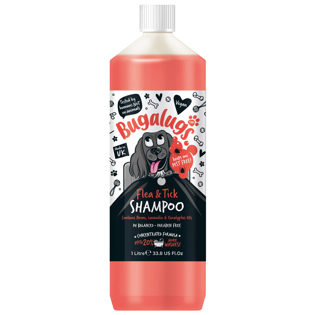 Flea and Tick Dog Shampoo by Bugalugs, Best Flea Killing Treatment that Works on Smelly Puppies & Dogs, Neem Oil & Eucalyptus Oils, PH Balanced Vegan Pet Shampoo, Used by Professional Groom (1 Litre) 1 Litre - PawsPlanet Australia