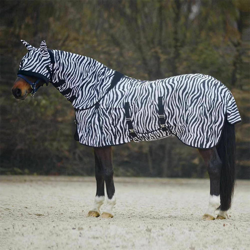 Horse Master Zebra Printed Horse Fly Rug - Lightweight Bug Protection Full Neck Combo Sheet with Fly Mask - Turnout Rug for Competition Riding Outdoors Yards Fields 4'9 Zebra Print - PawsPlanet Australia