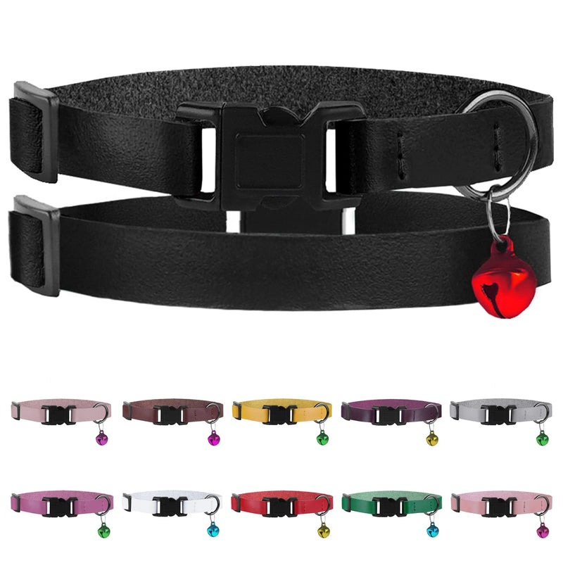 Murom Leather Cat Collar Breakaway Adjustable Girl Boy Pet Collars for Cats Kitten Black Pink Green Brown Yellow Red White (Black) - PawsPlanet Australia