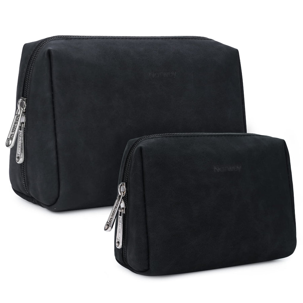 2 Pack Vegan Leather Makeup Bag Zipper Pouch Travel Cosmetic Organizer for Women and Girls (Black (Pack of 2)) Black (Pack of 2) - PawsPlanet Australia
