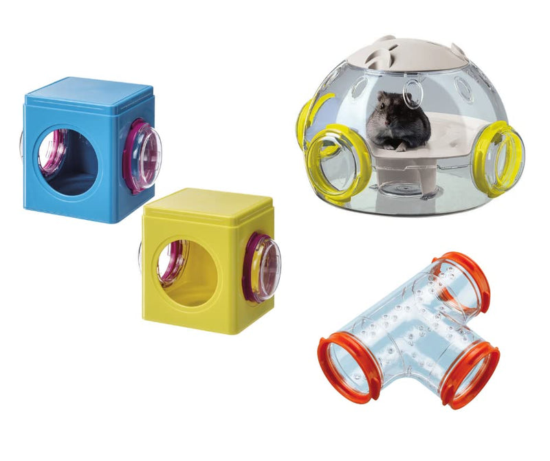 Ferplast Hamster Lab, Hamster Cube x 2, T Tunnel Connector 3 Pk Bundle Kit Assorted Colours - PawsPlanet Australia