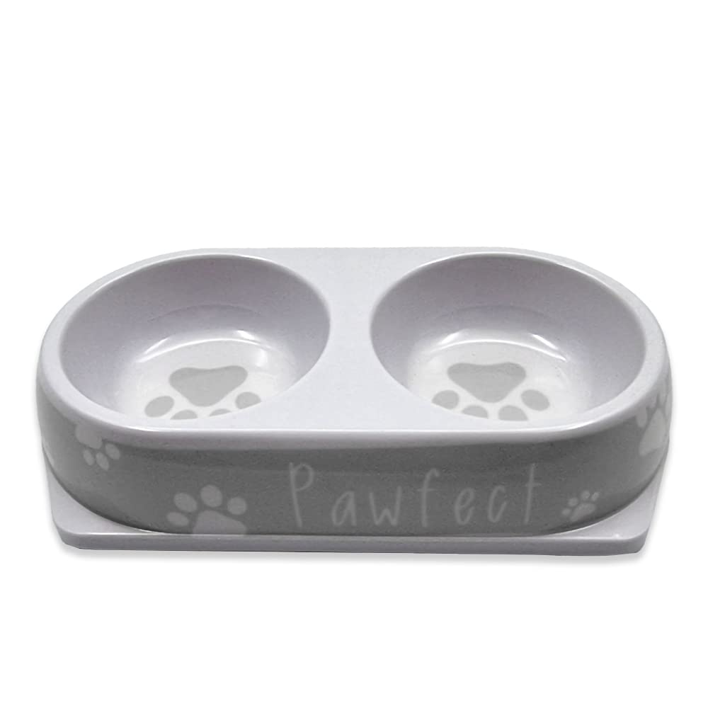 Pet Double Diner – High Rim to Prevent Spillages – Paw Print – Can be used for Food and Water (Grey) Grey - PawsPlanet Australia