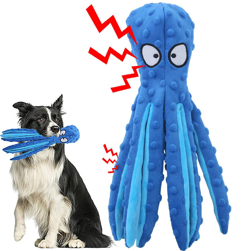 Squeaky Dog Soft Toy, No Stuffed Octopus Dog Chew Toy with Crinkle Paper Plush Dog Teeth Cleaning Toy for Medium Large Dog (Blue) - PawsPlanet Australia