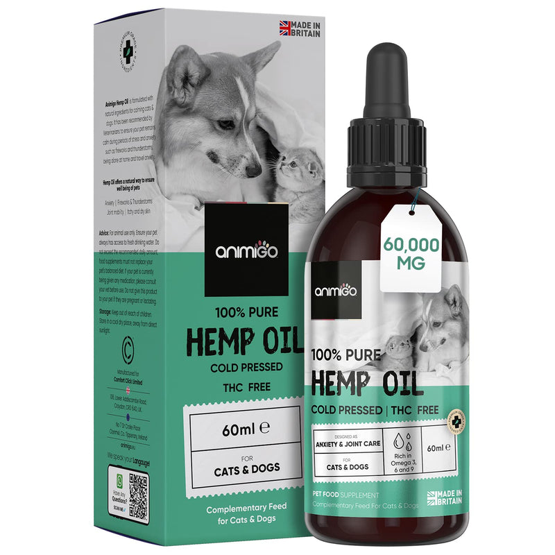 100% Pure Hemp Oil For Dogs & Cats - 60,000mg - Up To 8 Months Supply - Non-Addictive, Natural - Rich In Omega 3, 6, 9 - Supports Joints, Skin & Appetite -High Omega 3 For Dogs & Cats -UK Made- 60ml - PawsPlanet Australia