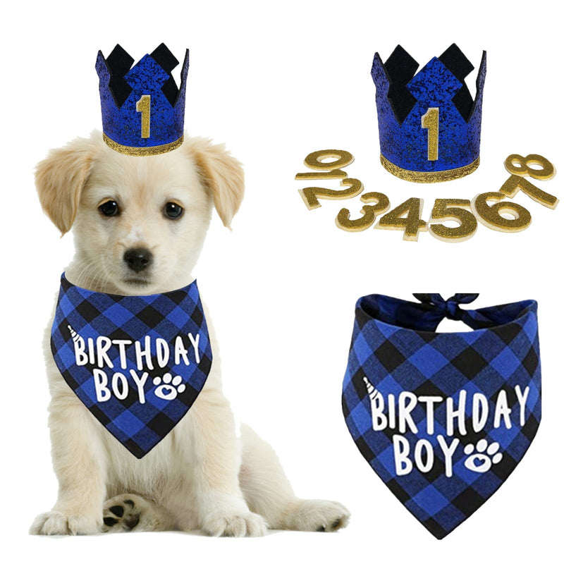 Dog Birthday Party Supplies- Reusable Dog Birthday Hat and Bandana with Numbers, Blue Crown Party Hat BIRTHDAY BOY Scarf Set, Pet Outfits Accessories Party Decoration for for Small Medium Dogs Cats Blue Crown Hat+BIRTHDAY BOY Bandana - PawsPlanet Australia