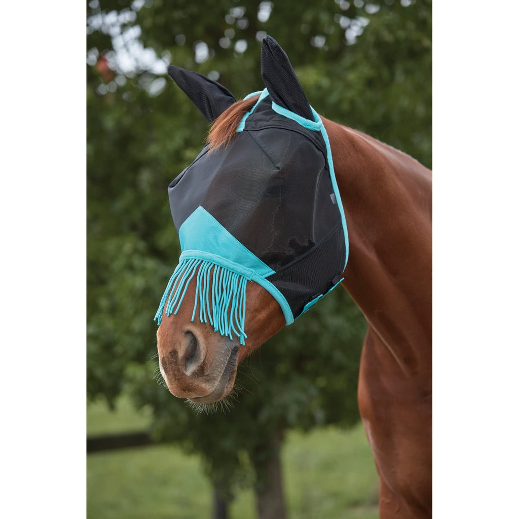 Weatherbeeta Comfitec DELUXE Fine Mesh Mask With Ears & Tassels - Black/Turquoise Small Pony - PawsPlanet Australia
