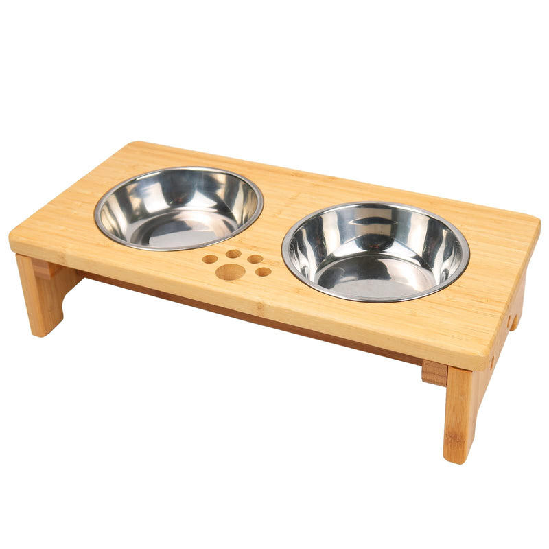 Raised dog bowls for Small Dogs, Elevated Dog Bowls Bamboo, Dog bowl stand with 2 Stainless Steel Bowls by Nothing burger Small-10.16cm tall, 21 Oz bowl - PawsPlanet Australia