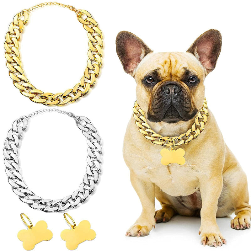 2 Pieces Golden Dog Chain Collars, Fashionable and Cool Plastic Cat and Dog Chain Pet Necklaces, Strong and Light, Metal Dog Tags, for Small and Medium-Sized Cat and Dog Accessories, 16-19 Inches - PawsPlanet Australia