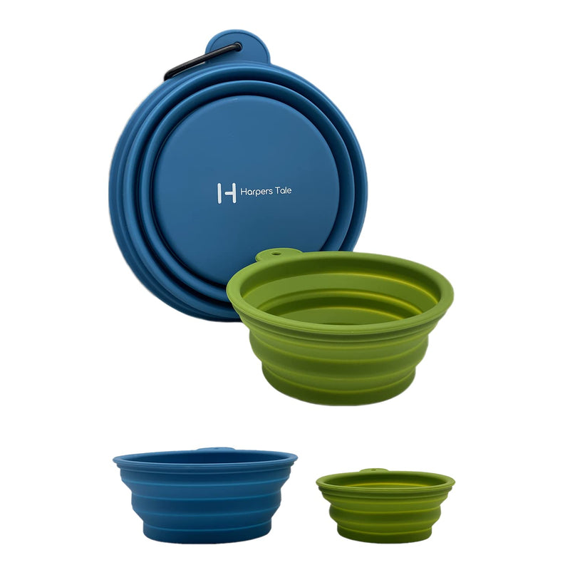 Harpers Tale Two pack Collapsible Travel Dog Bowl -1000ml Blue and 400ml Green with Carabiner Clip Integrated Molding Food Safe Silicone Lightweight Leak-Proof No Plastic Rim - PawsPlanet Australia