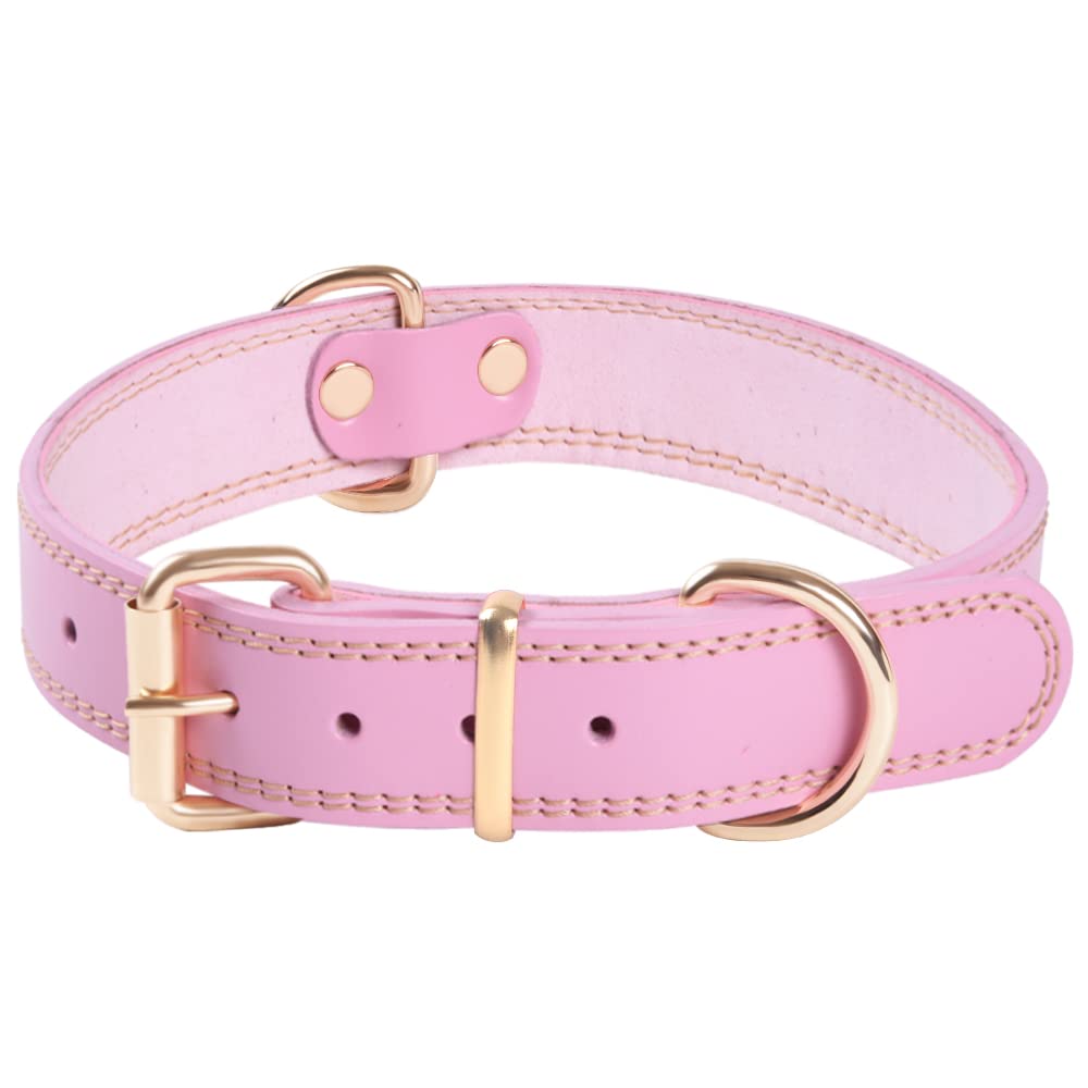 Extra Thick Premium Genuine Leather Dog Collar, Adjustble Heavy Duty Dog Collars for Small Medium & Large Breed Dogs(Pink) (S) S (Neck 29-39cm) Pink - PawsPlanet Australia