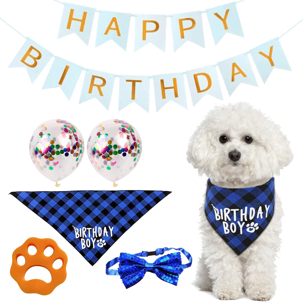 VEGCOO 6 Pcs Dog Birthday Party Supplies Cute Dog Birthday Bandana Set, Dog Happy birthday Banner Dog Birthday Balloons Dog Bow Tie Collar Pet Hair Remover for Boys Birthday Decorations(Blue) A - PawsPlanet Australia