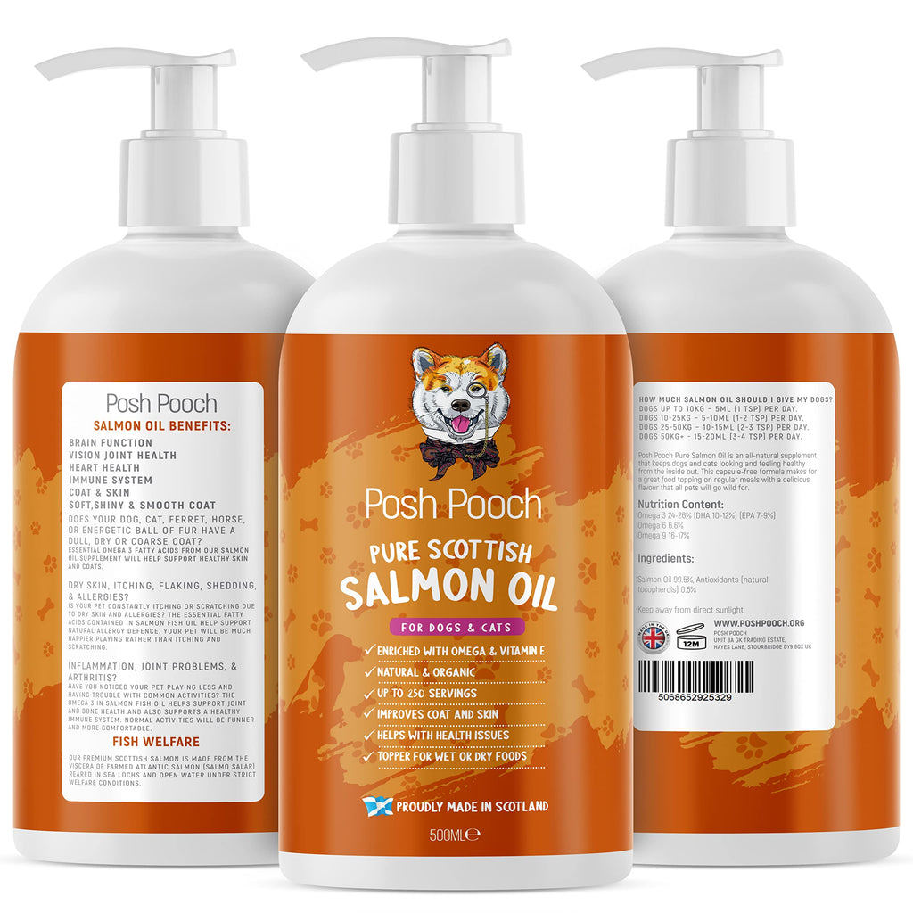 Pure Scottish Salmon Oil For Dogs Cats & Pets Natural Omega 3,6,9 & Vitamin E, Fish Oil That Promotes Shiny Coats, Enhanced Appetite, Soft Paws, Increase Energy, Kibble Supplement Booster (500ml) 500ml - PawsPlanet Australia