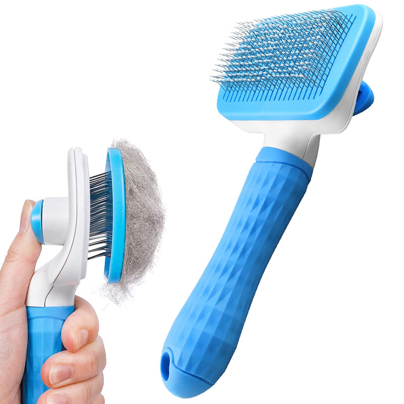 Dog Brush Cat Brush Grooming Comb,Self Cleaning Cat Dog Slicker Brushes with Smooth handle,Pet Grooming Tool with Cleaning Button for Cat Dog Shedding Brush Cat Dog Massage Clean Tangled Brush(Blue) Blue - PawsPlanet Australia