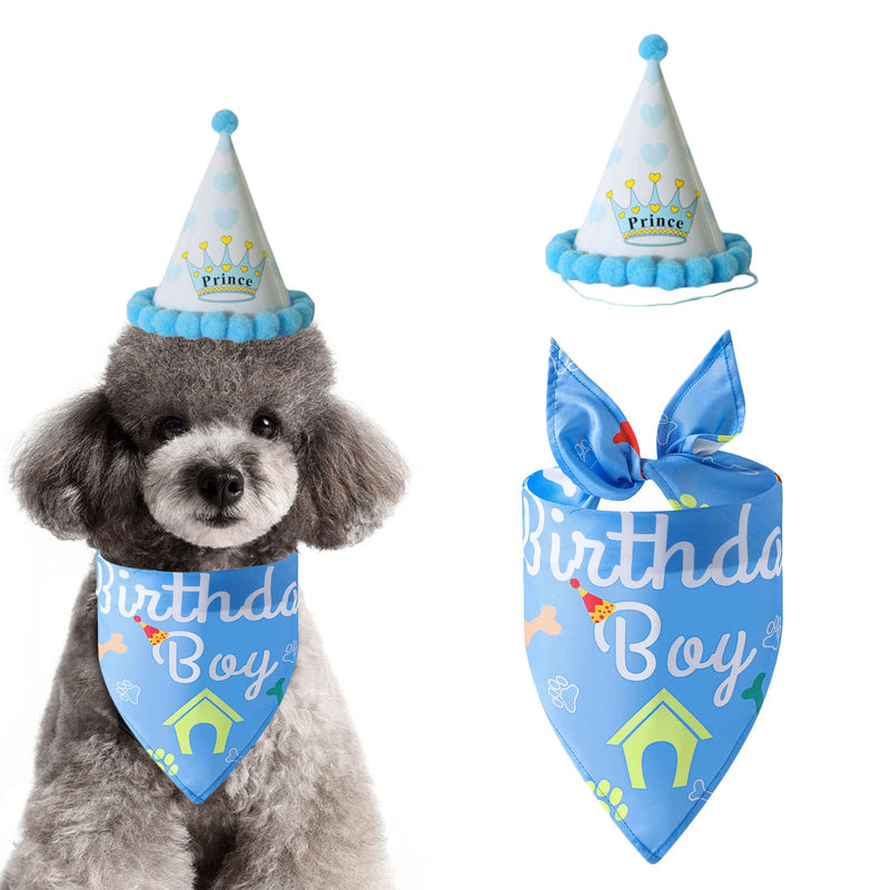 Dog Birthday Bandana Hat Kit,Triangle Cotton Dog Scarf with Cute Birthday Boy/Girl Decorations,Puppy Birthday Party Hat Set Dog Birthday Cake Outfit Gift/Pet Party Supplies Accessories(Blue) Blue - PawsPlanet Australia